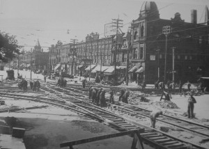 Reconstruction of Spadina and College in 1941 --Lum's  Laundry is just one block south from this photo --